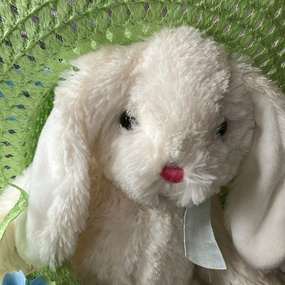 Green Kids Hat with Blue Flower, matching purse‎ and plush white Bunny